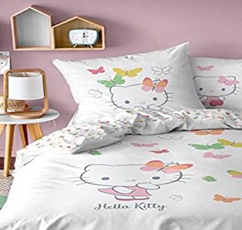 CTI Hello Kitty Motyle Pościel dla dzieci 100% bawełna | OEKO-TEX | Poszewka na kołdrę dla dziewczynek 1 osoby 140x200 cm + 1 poszewka na poduszkę 63x63 cm z nadrukiem dwustronnym | biała 3272760478499