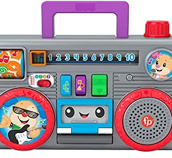 Fisher Price Price The Price Laugh & Learn Busy Boombox - angielska edycja w Wielkiej Brytanii, inspirowana retro muzyką zabawka do aktywności dla niemowląt z treściami do nauki dla niemowląt i małych dzieci GYC18