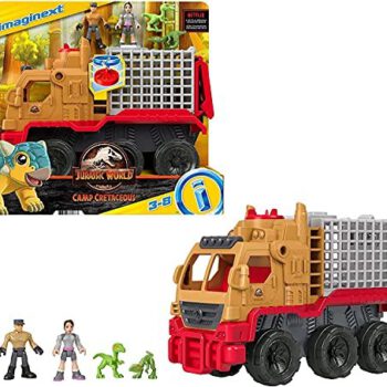 Fisher Price The Imaginext Jurassic World Camp Cretaceous Dinozaur Hauler & Yaz figurka i zestaw pojazdów dla dzieci w wieku od 3 do 8 lat HCH97