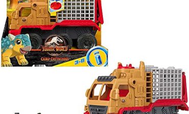 Fisher Price The Imaginext Jurassic World Camp Cretaceous Dinozaur Hauler & Yaz figurka i zestaw pojazdów dla dzieci w wieku od 3 do 8 lat HCH97